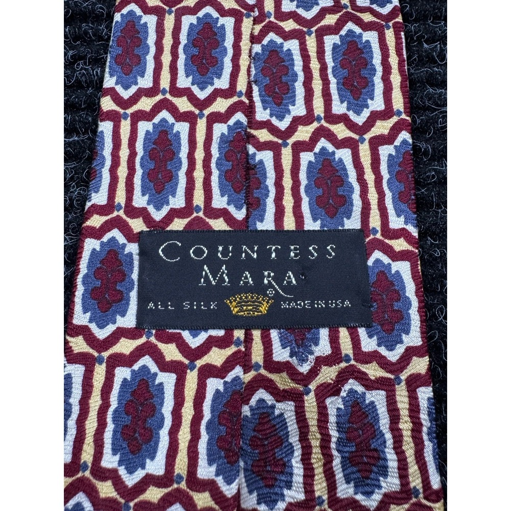 Vintage Countess Mara Silk Tie USA Burgundy Blue Geometric Foulard 58" 4"